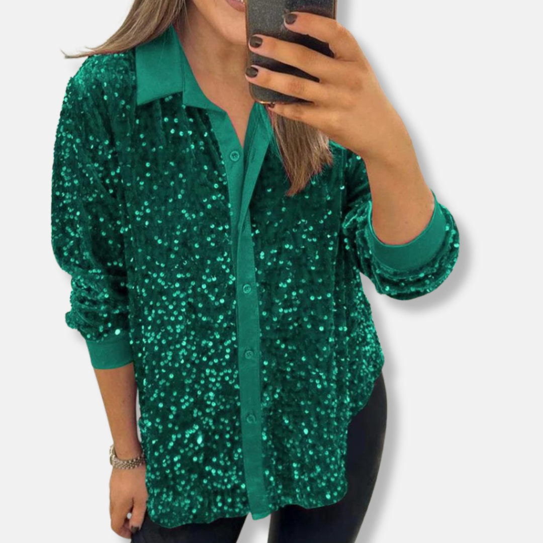 Sequin Relaxed Fit Button-Up Long Sleeve Shirt 