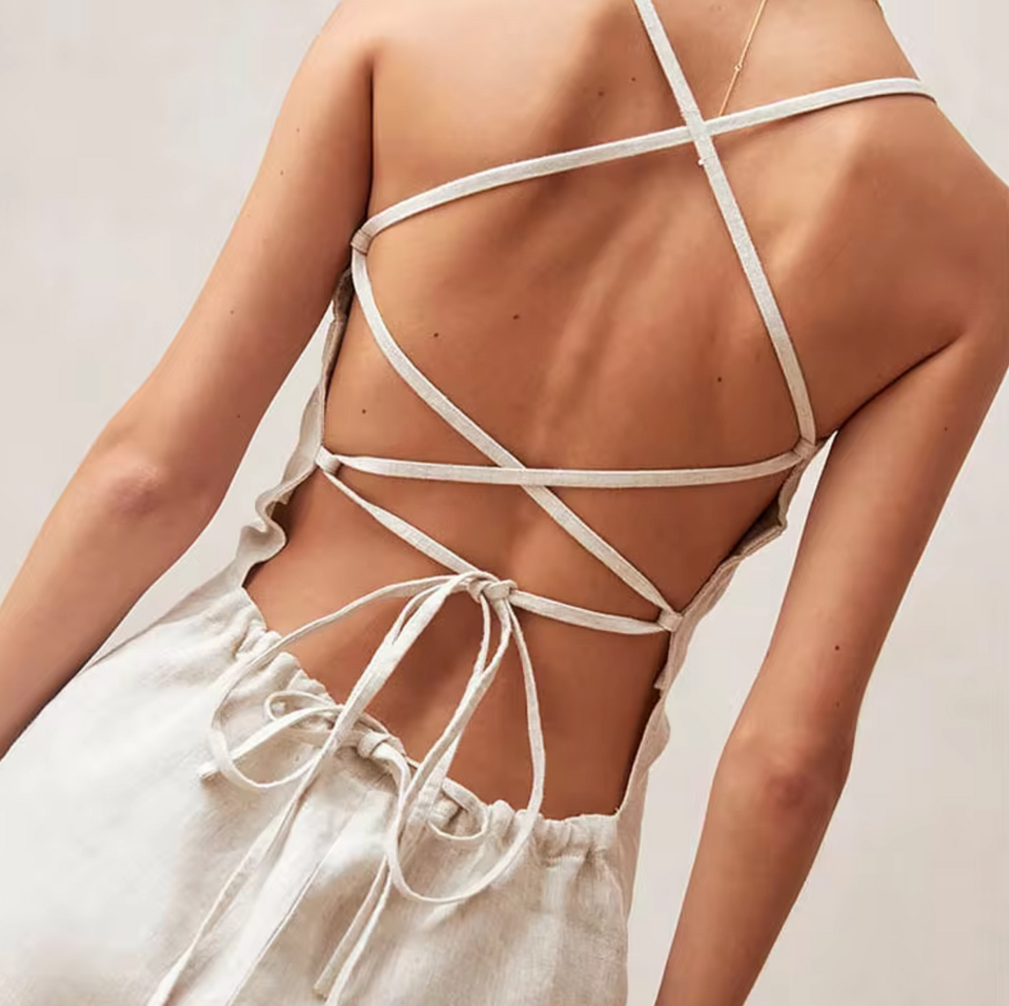 Women’s Linen Slip Dress - Square Neck - Spaghetti Straps - Elegant Minimalist Fit