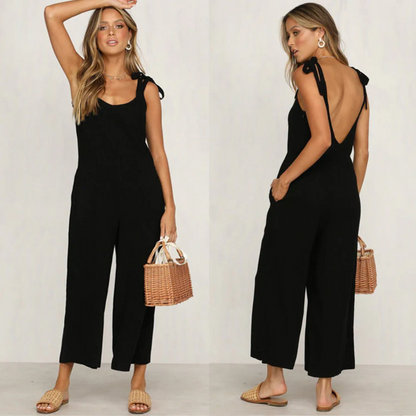 Women's Jumpsuit - Sleeveless Wide-Leg - Scoop Neck with Shoulder Tie Straps