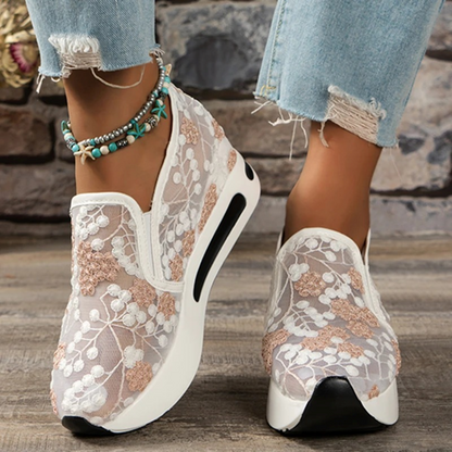 Women's Slip-On Sneakers - Floral Lace Mesh - Platform Sole - Cushioned Air Support