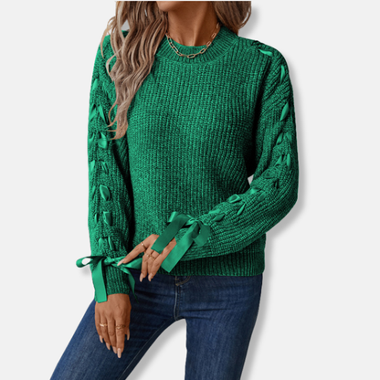 Women’s Pullover Sweater – Relaxed Fit – Soft Knit – Lace-Up Sleeve Detail – Textured Fabric