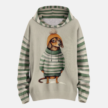 Women’s Hoodie – Relaxed Fit – Fleece Feel – Cartoon Dog Graphic – Striped Sleeves