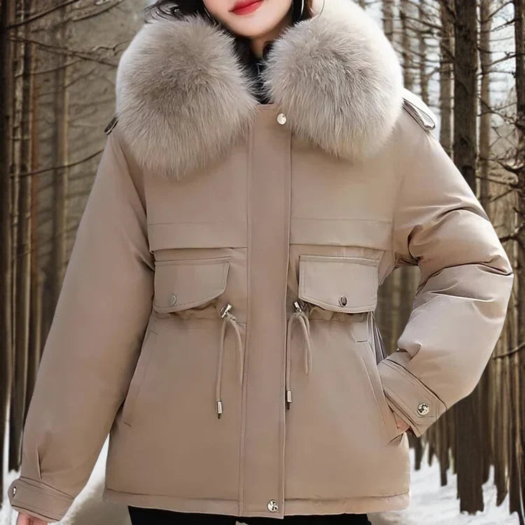 Women's slim waist cotton parka with rabbit fur lining