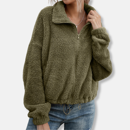 Sienna Fleece Cropped Relaxed Fit Jacket | Collared Long Sleeve Jacket