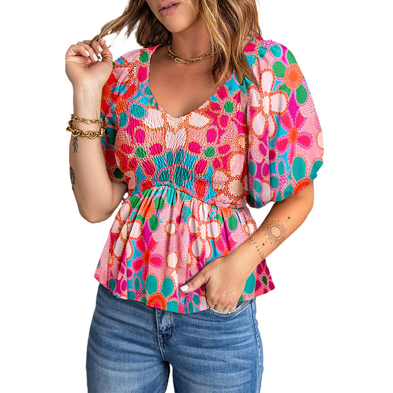 Women's Blouse - V-Neck - Puff Sleeve - Smocked Waist - Floral Print Peplum