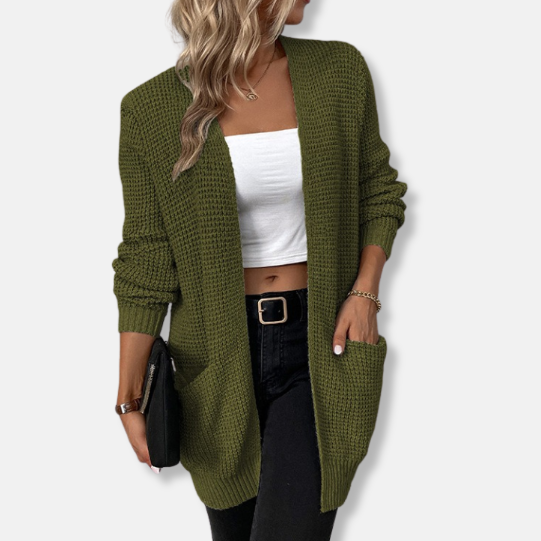 Waffle Knit Relaxed Fit Long Sleeve Cardigan 
