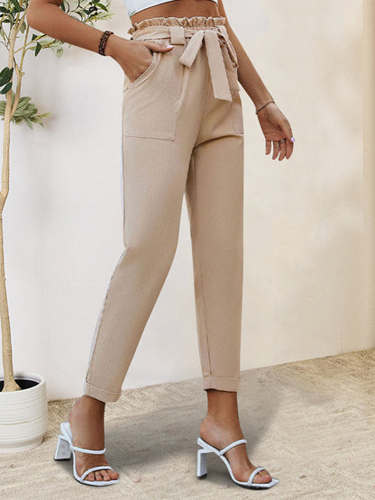 Women's Paperbag Waist Pants - High Rise - Self-Tie Belt - Straight Leg - With Pockets