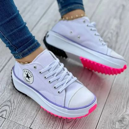 Women's Platform Sneakers - Canvas Upper - Lace-Up - Thick Cushioned Sole - Low-Top