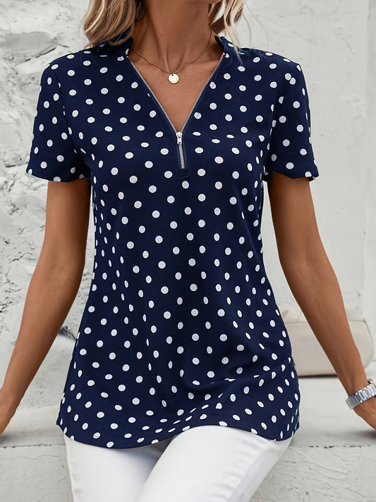 Short-sleeved v-neck zipper t-shirt with polka dots for women