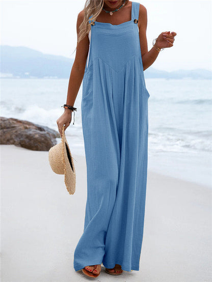 Women's Wide-Leg Jumpsuit - Breathable Fabric - Relaxed Fit - Button Straps & Pockets
