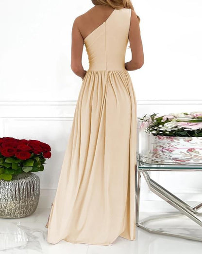Women's Evening Gown - One-Shoulder Elegant Design - Pleated Bodice - High Slit