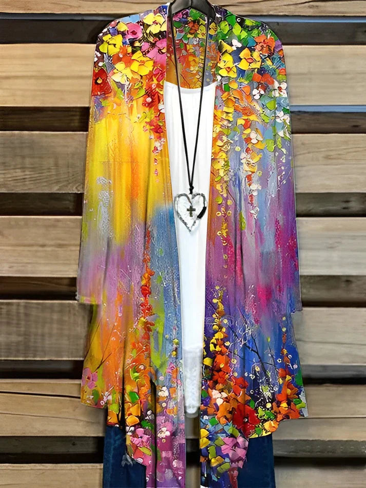 Long-sleeved digital print cardigan cape jacket for women