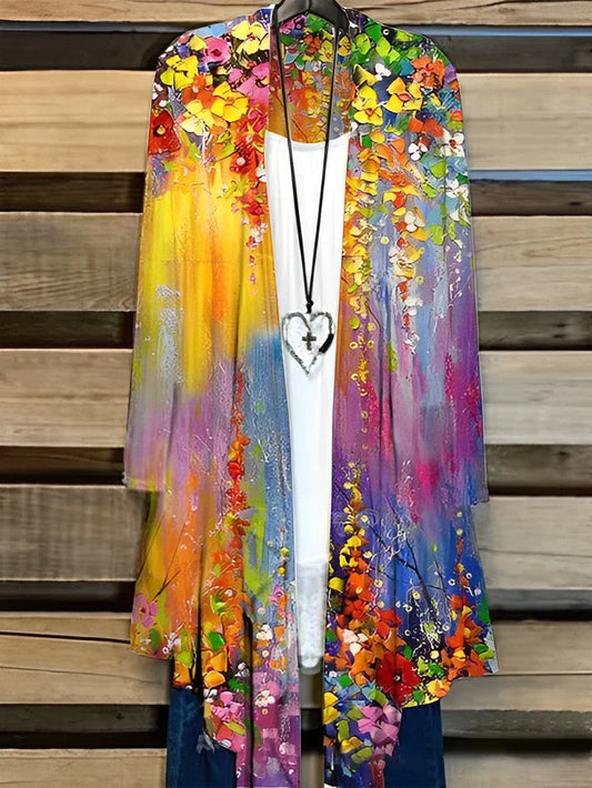 Digital Print Long-Sleeved Cardigan Cape Jacket