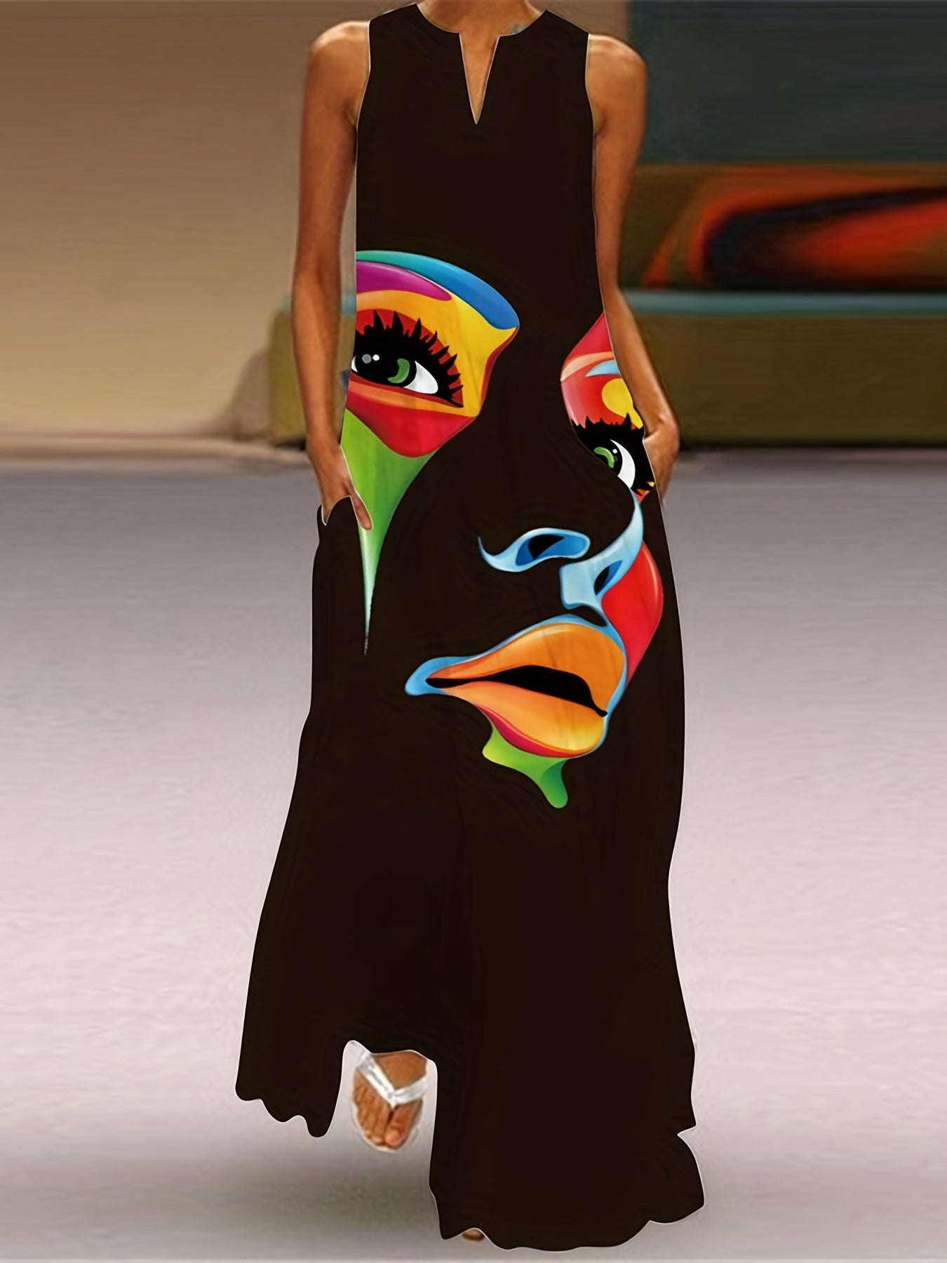Women's Sleeveless Maxi Dress - Abstract Face Print - Flowing Relaxed Fit - V-Neck Elegant