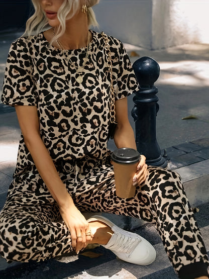 Leopard print two-piece set with casual top and drawstring pants for women