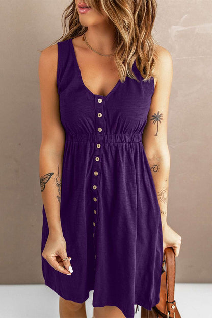 Women's Sleeveless Button-Up Mini Dress - V-Neck - Elastic Waist - Casual Fit