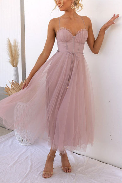 Women's Tulle Maxi Dress - Spaghetti Straps - Fitted Bodice - Layered Flowing Skirt