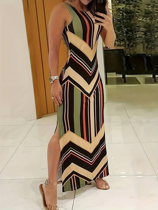 Chevron Stripe Pattern Sleeveless Maxi Dress