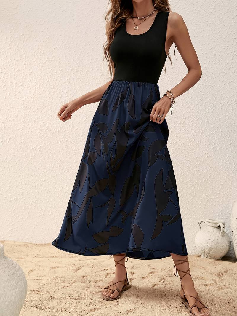 Flowy Botanical Print Sleeveless Maxi Dress