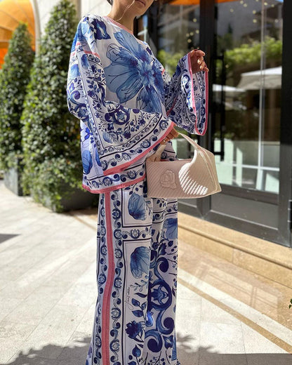 Women's blue and white porcelain print casual two-piece set