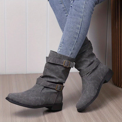 Women's retro charm slouchy buckle strap western ankle boots