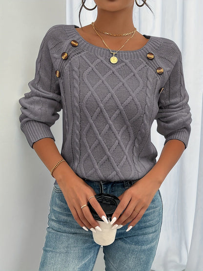 Women’s Knit Top – Relaxed Fit – Cable Knit Texture – Dropped Shoulder – Button Detail