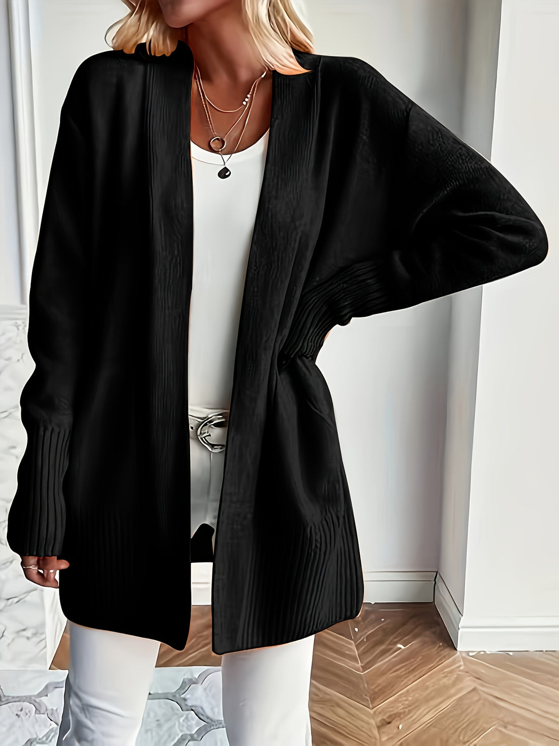 Open-front long sleeve ribbed cardigan for women