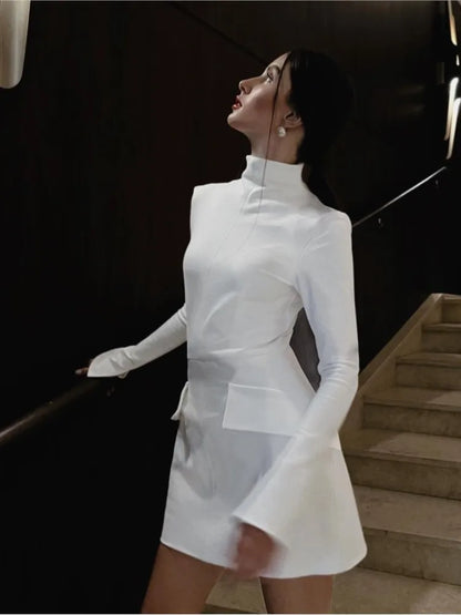Women's Turtleneck Dress - Long Sleeve - Fitted Waist - Elegant Flared Silhouette