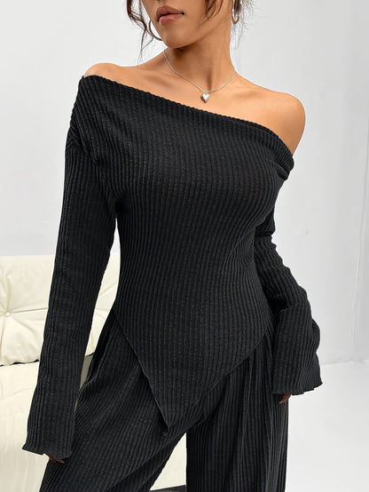 Two-piece off-shoulder ribbed top and wide-leg pants set for women