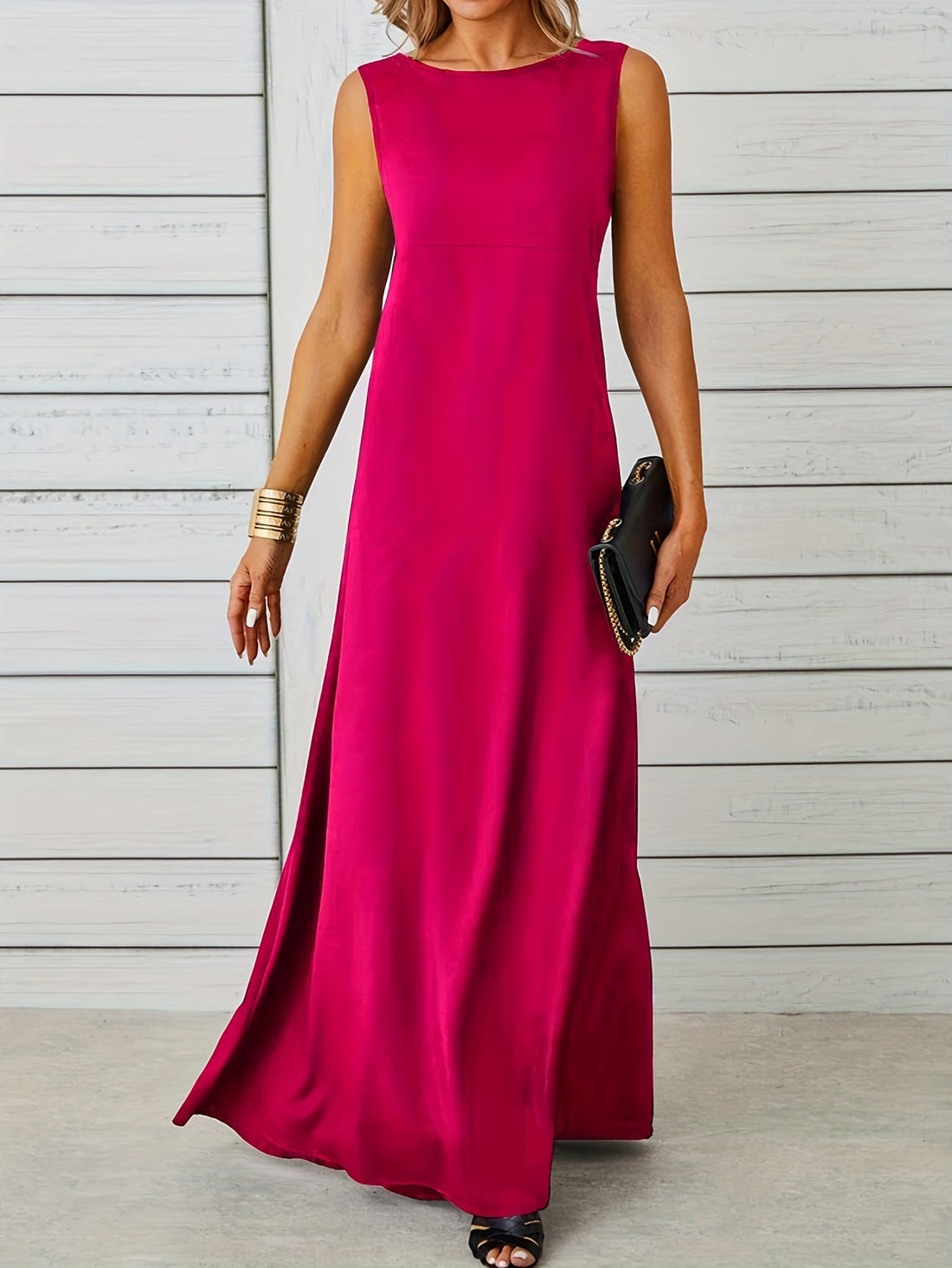 Sleeveless crew neck solid color maxi dress for women