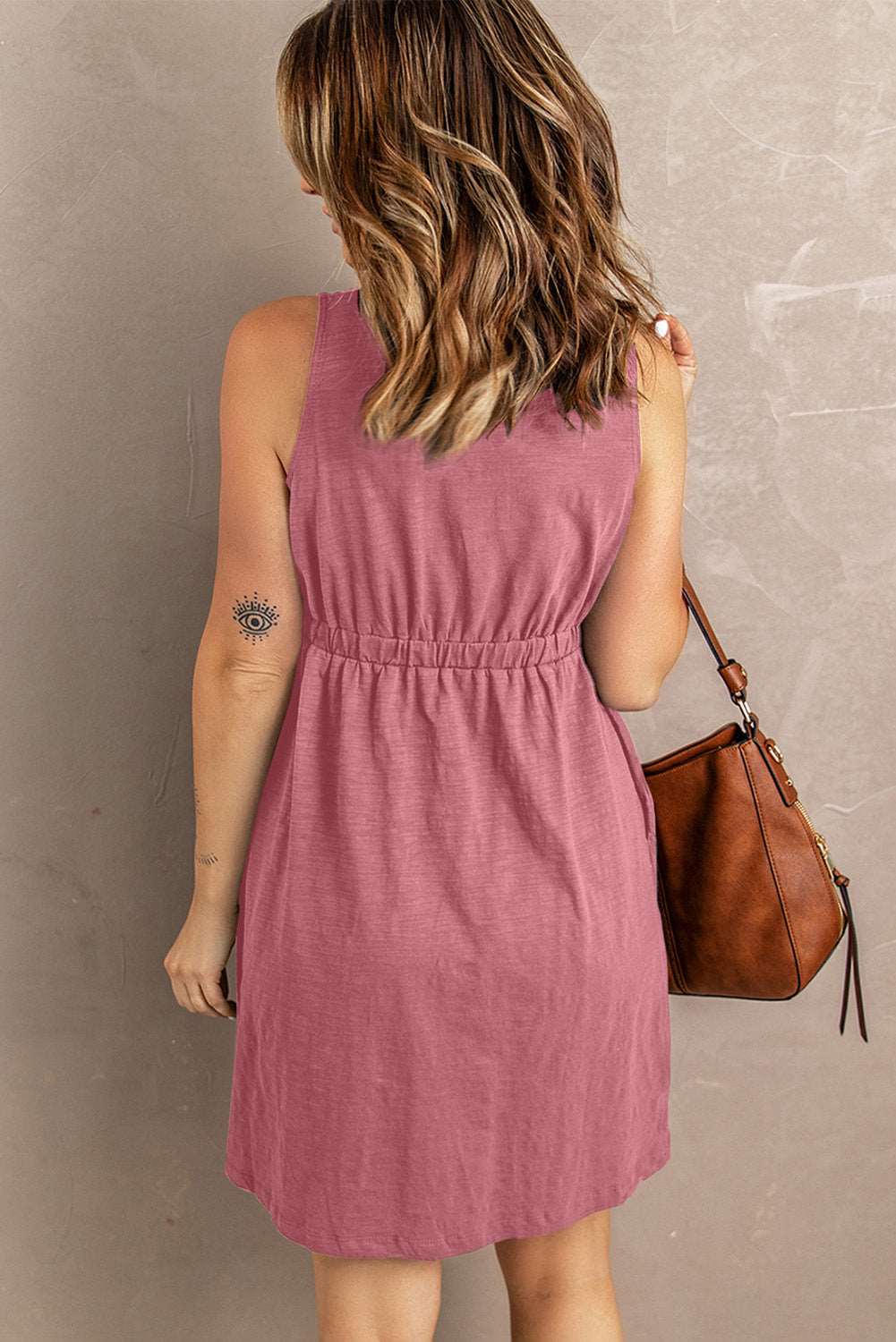 Women's Sleeveless Button-Up Mini Dress - V-Neck - Elastic Waist - Casual Fit