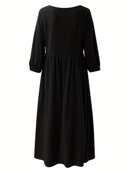 Women's Midi Dress - Empire Waist - Three-Quarter Sleeve - Elegant A-Line Fit