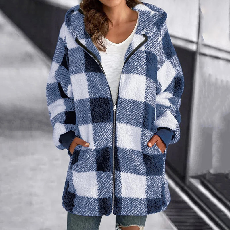 Women's mid-length zip-up hooded plaid jacket