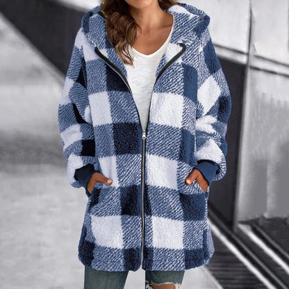 Women's mid-length zip-up hooded plaid jacket