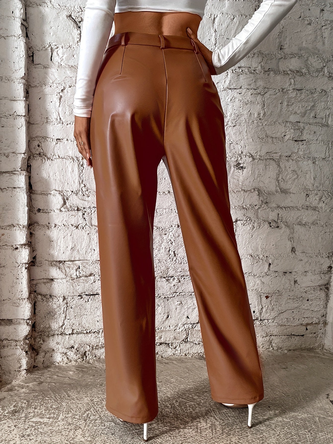 Solid color high-waist straight casual pants for women