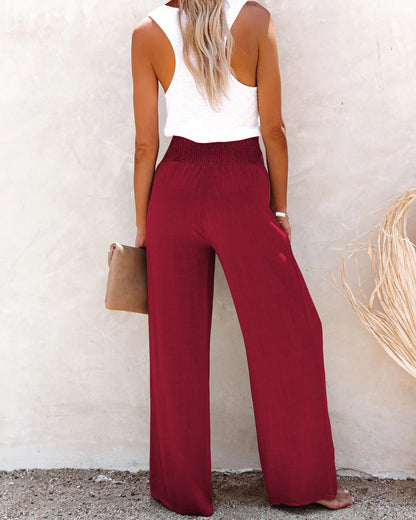 Women's High-Waisted Wide-Leg Pants - Lightweight Breathable Fabric - Elastic Back