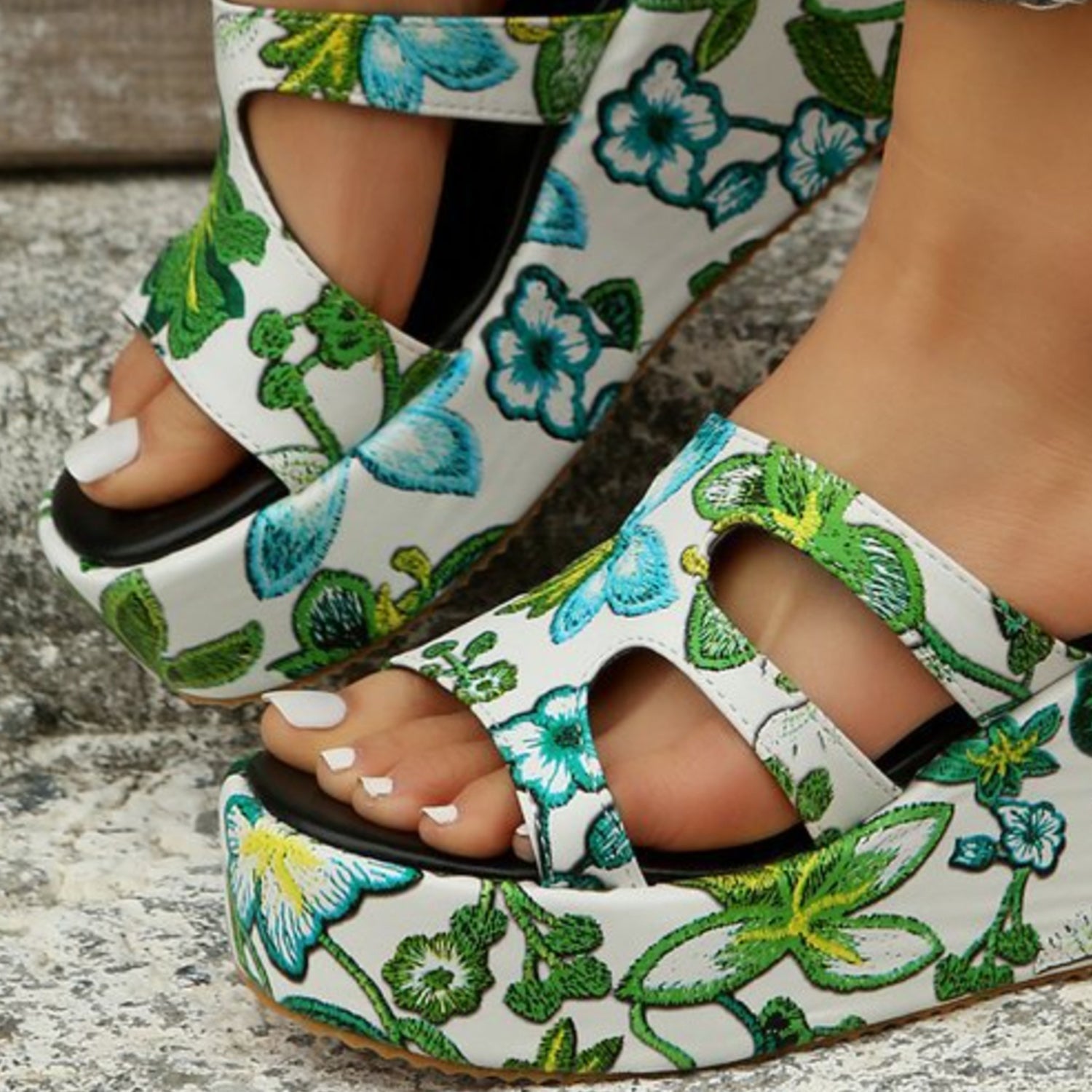 Elfrida - floral print wedge heel high platform slip-on sandals