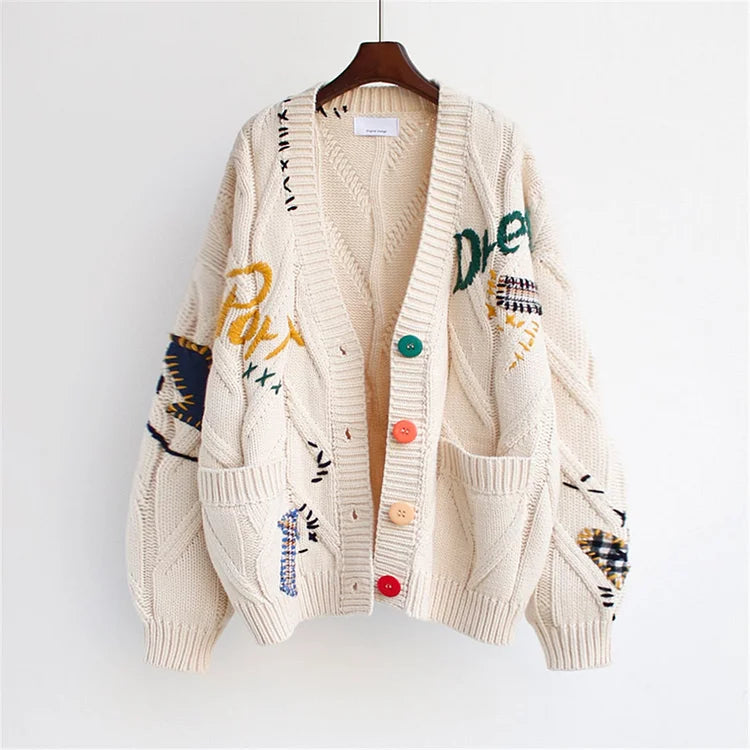 Women’s Knit Cardigan - Oversized Fit - Chunky Texture - Embroidered Details - Button Front