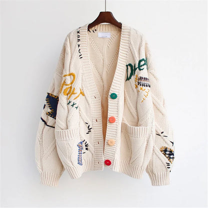Women’s Knit Cardigan - Oversized Fit - Chunky Texture - Embroidered Details - Button Front