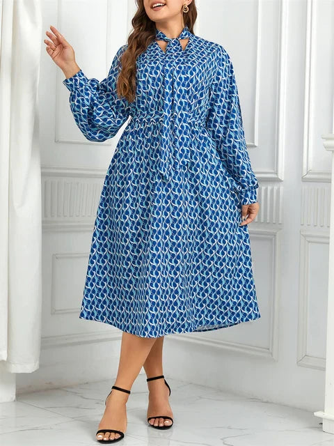 Women's Midi Dress - Geometric Print - Keyhole Tie Neck - Flowing Slit Sleeves - Elastic Waist