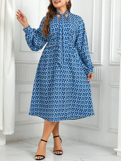 Women's Midi Dress - Geometric Print - Keyhole Tie Neck - Flowing Slit Sleeves - Elastic Waist