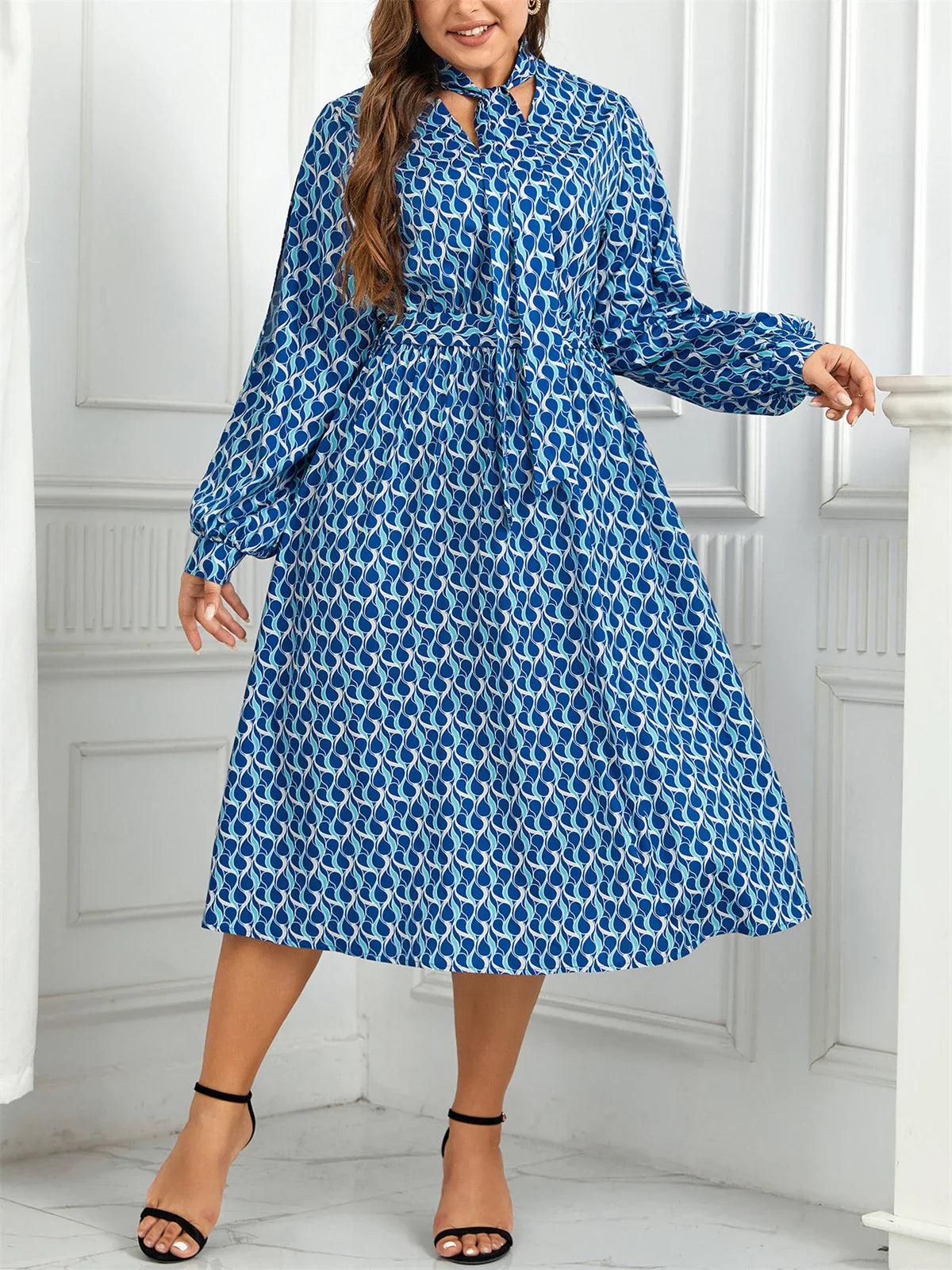 Women's Midi Dress - Geometric Print - Keyhole Tie Neck - Flowing Slit Sleeves - Elastic Waist
