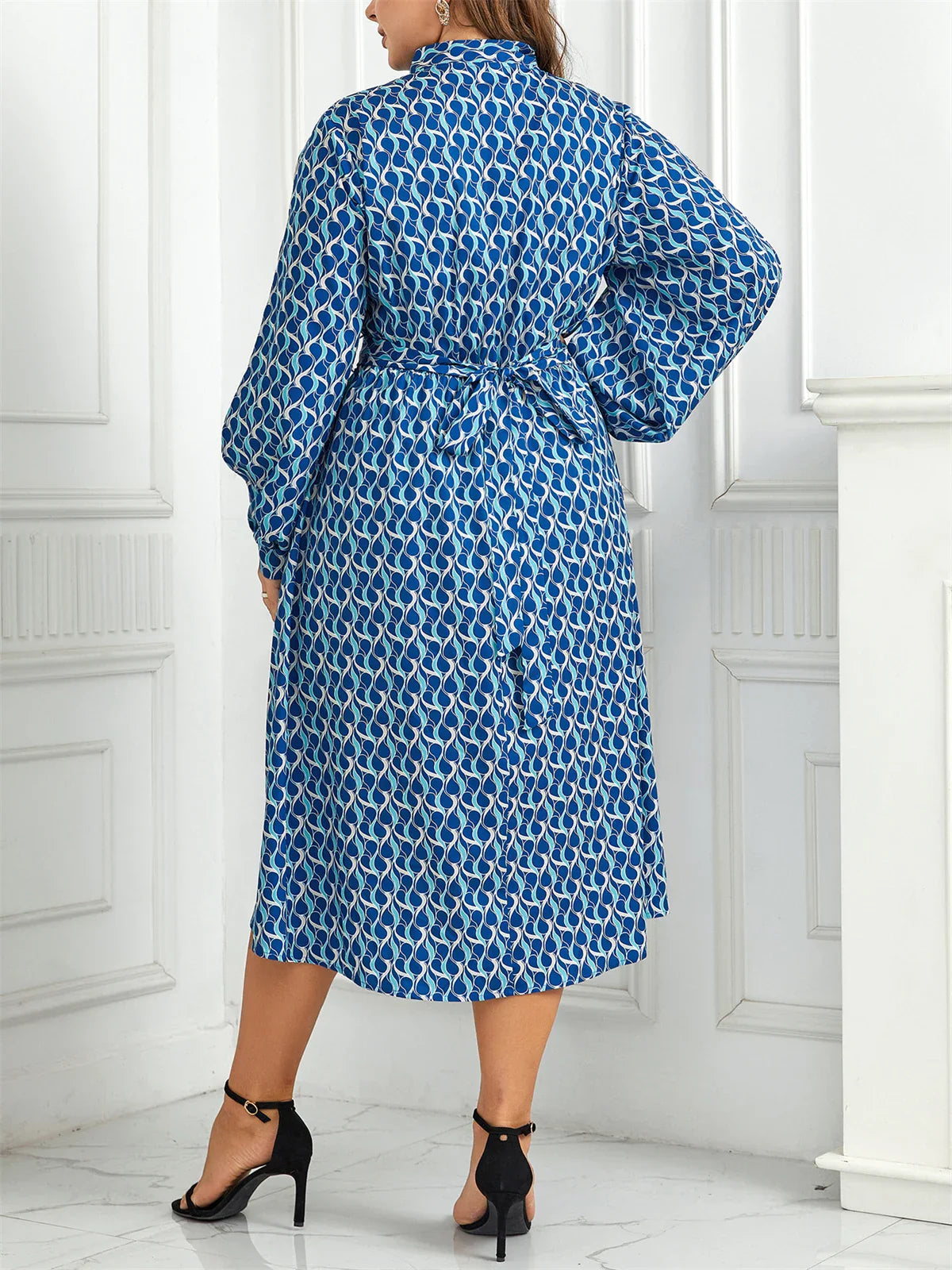 Women's Midi Dress - Geometric Print - Keyhole Tie Neck - Flowing Slit Sleeves - Elastic Waist