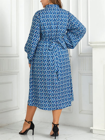 Women's Midi Dress - Geometric Print - Keyhole Tie Neck - Flowing Slit Sleeves - Elastic Waist