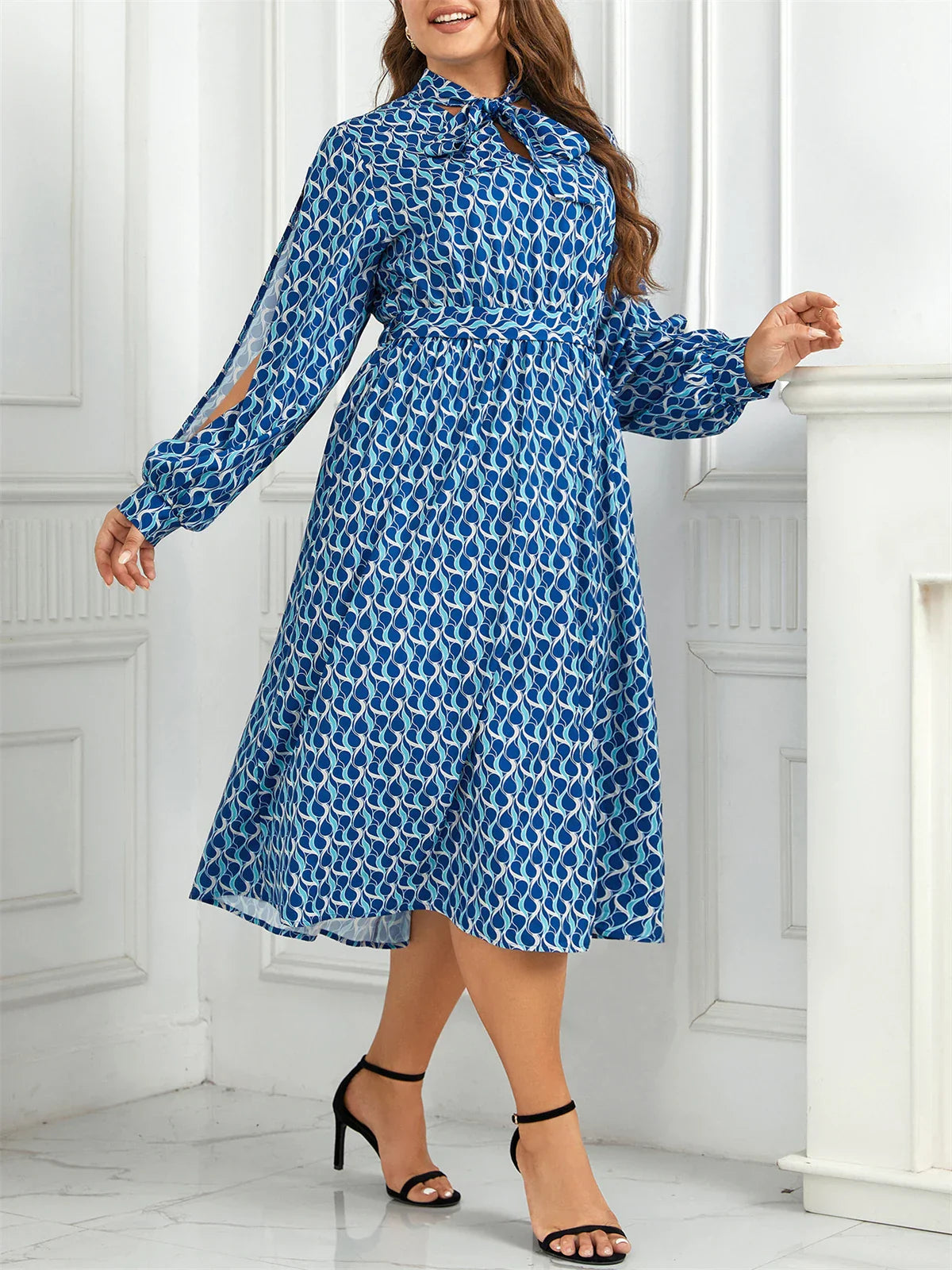 Women's Midi Dress - Geometric Print - Keyhole Tie Neck - Flowing Slit Sleeves - Elastic Waist