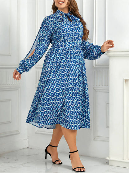 Women's Midi Dress - Geometric Print - Keyhole Tie Neck - Flowing Slit Sleeves - Elastic Waist
