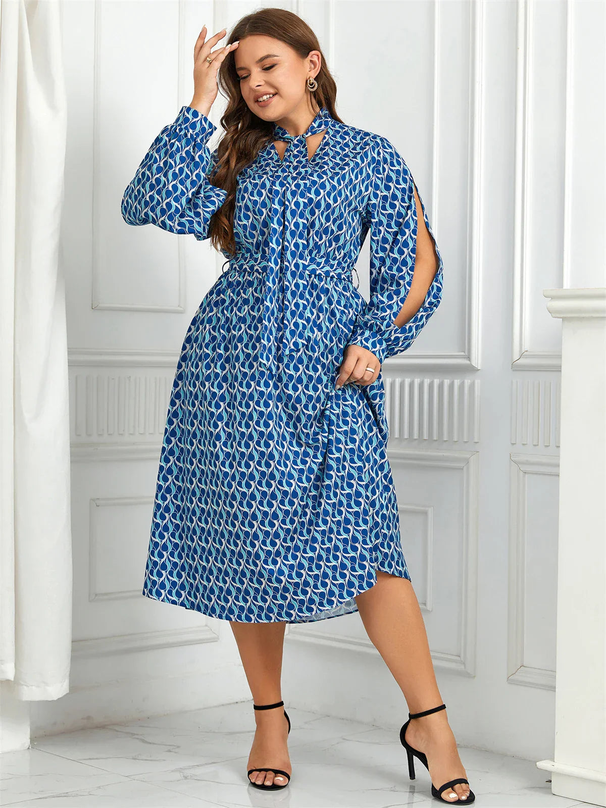 Women's Midi Dress - Geometric Print - Keyhole Tie Neck - Flowing Slit Sleeves - Elastic Waist