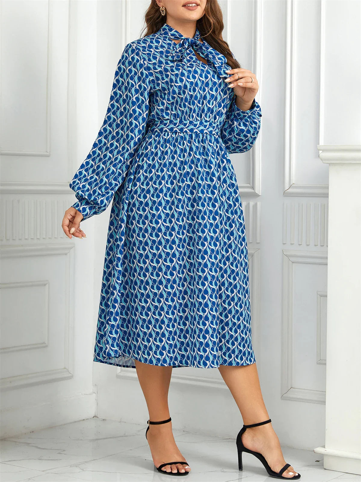 Women's Midi Dress - Geometric Print - Keyhole Tie Neck - Flowing Slit Sleeves - Elastic Waist