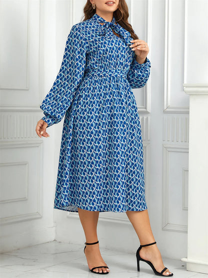 Women's Midi Dress - Geometric Print - Keyhole Tie Neck - Flowing Slit Sleeves - Elastic Waist