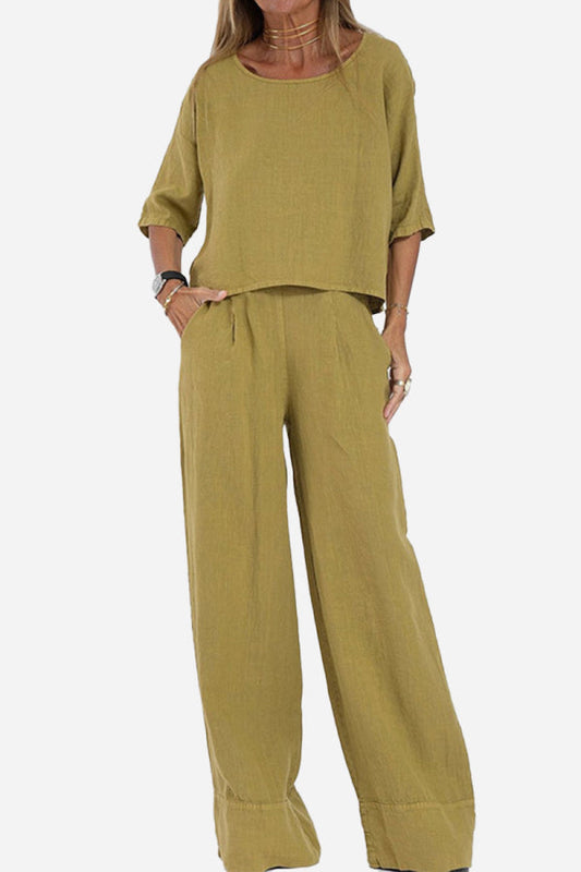 Loose Solid Color Wide-Leg Pants Set